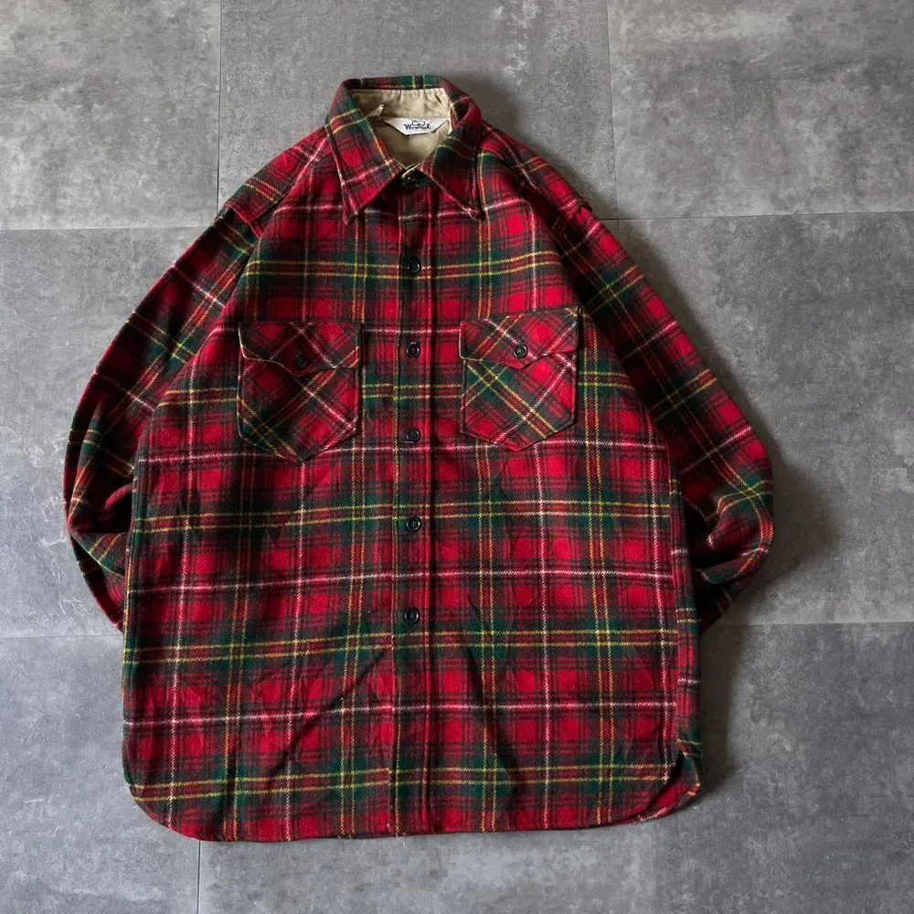 90s Woolrich ウールシャツ チェック 赤 L A963 三角タグ