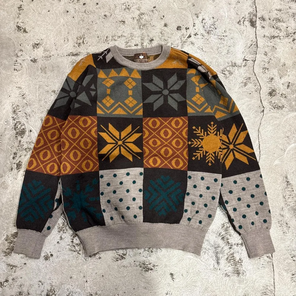 90s GOOSE & GANDER ウール ニットセーター 総柄 茶色系 48
