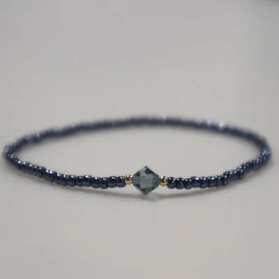 メタリックブルービーズ ブルースワロフスキー ブレスレット ハンドメイド 華奢