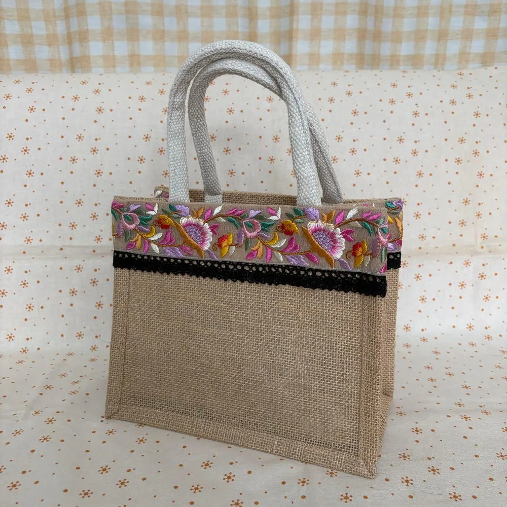 インド刺繍 麻布 トートバッグ 花柄 ピンク 紫 緑 黄色 黒 レース