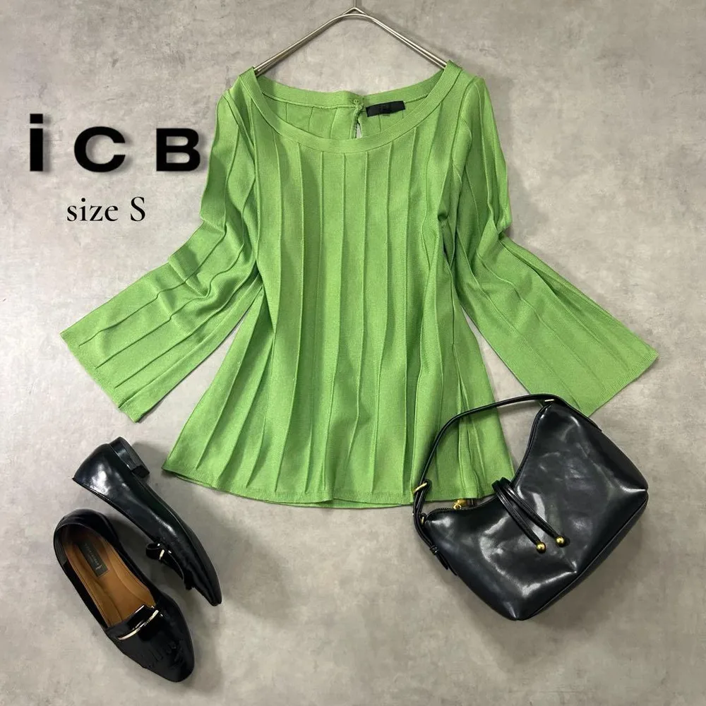 iCB フレアスリーブ リブニット グリーン S〜M相当 洗えるニット