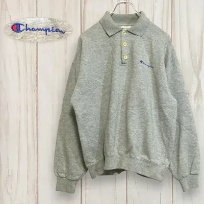 【チャンピオン ロゴ刺繍 長袖ポロシャツ】襟付きスウェット L相当 グレー 古着