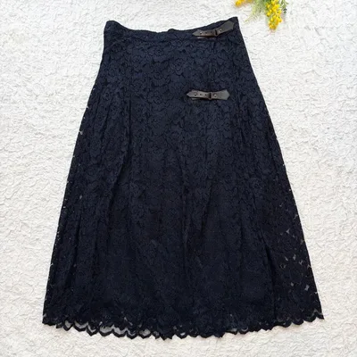 イタリア製✨ 本革使用 総レースフレアスカート F 紺 ヴィンテージ 大人上品