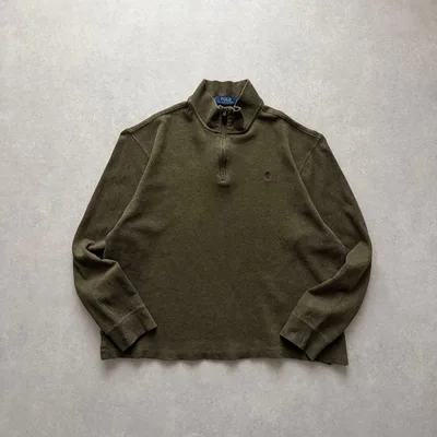 ポロラルフローレン エステートリブ ハーフジップ スウェット カーキ L刺繍ロゴ