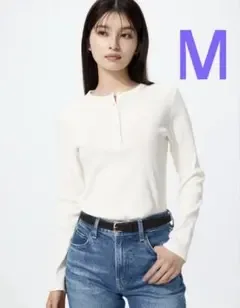 ユニクロ リブヘンリーネックT/長袖 オフホワイト M UNIQLO