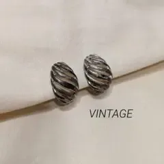 ヴィンテージ イヤリング シルバー 透かし オーバル ストライプ メタル レトロ