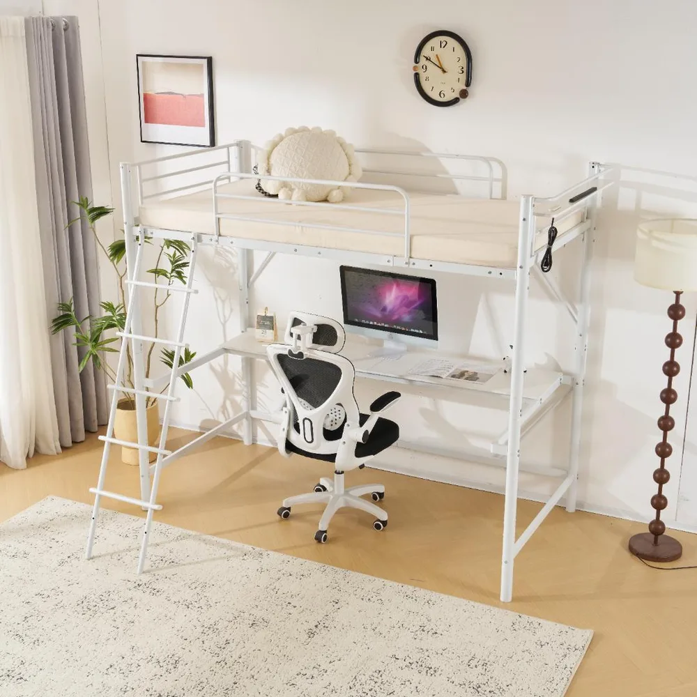 激安!コンセント付きロフトベッド(S)オシャレ コンパクト WHITE