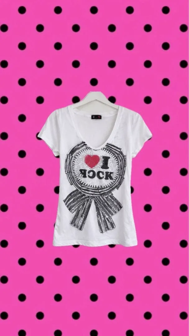 I LOVE ROCK プリント ♥Vネック Tシャツ ホワイト