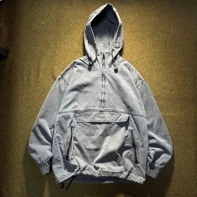 90s VINTAGE 墨黒カラー コットンアノラックパーカー L相当