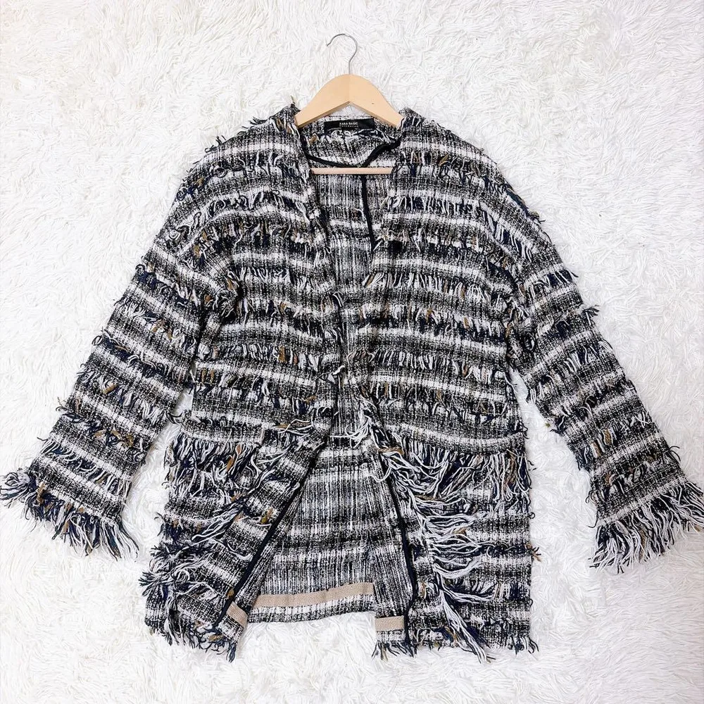 ZARA BASIC ツイードフリンジカーディガン 長袖 ネイビー ホワイト