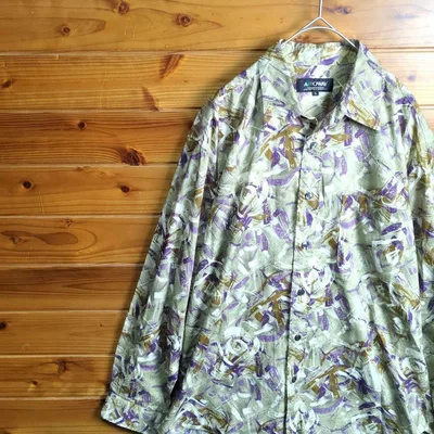 長袖シャツ 柄シャツ アブストラクトプリント カーキグリーン 抽象的 古着 L