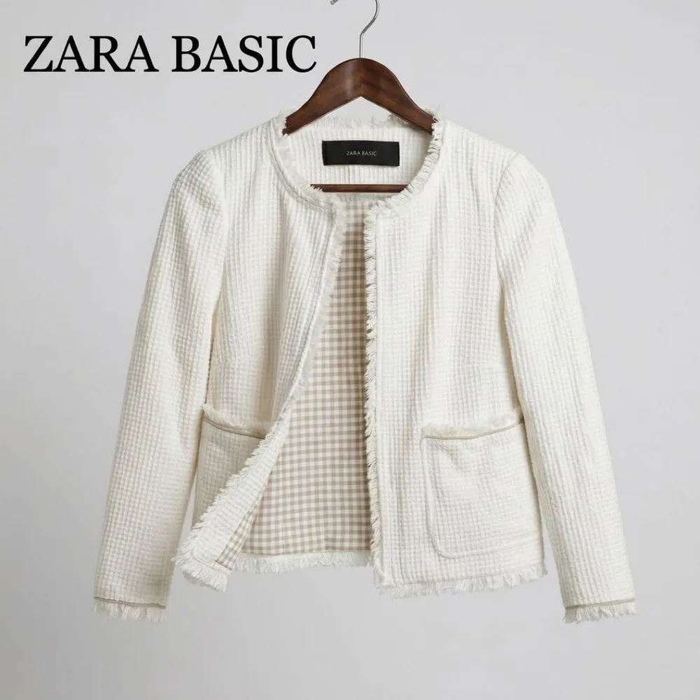 【美品】ZARA BASIC ツイード風ジャケット フリンジ