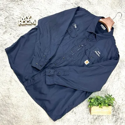 【USA規格】Carhartt 長袖ワークシャツ ネイビー 3XL 刺繍ロゴ