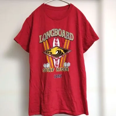 Tシャツ クルーネック 半袖 サーフ プリント 赤 ストリート
