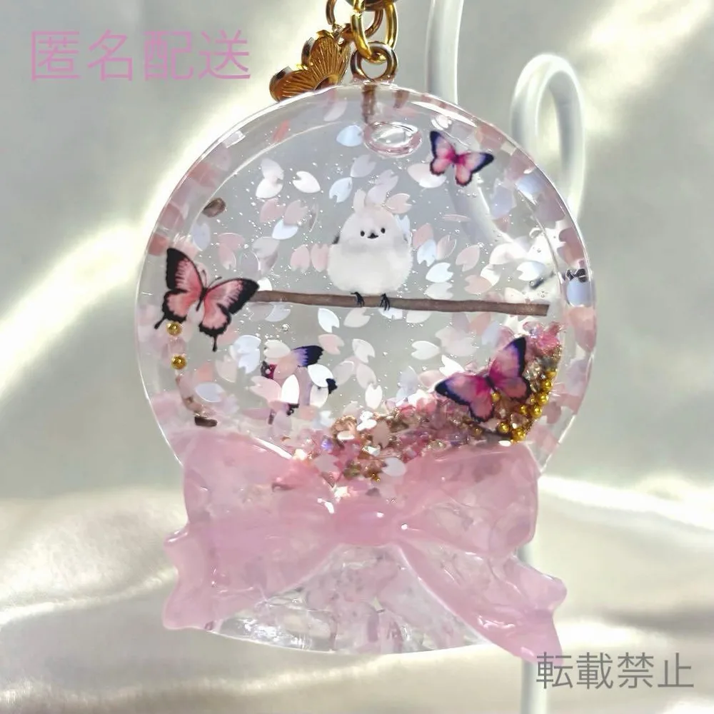 20 シマエナガ スノードーム 桜 蝶々 ピンク 春 ローズクォーツ