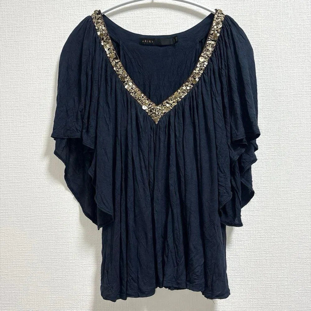 アキコ ゴージャス トップス Vネック フレア XS ダークグレー シルク混