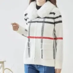 新品 今季 シャギー ニット ジップアップ ジャケット チェック柄 ファー