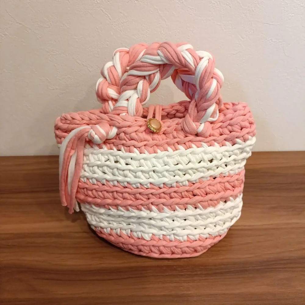 ★ハンドメイド バッグ★ ヤーン ピンク×ホワイト