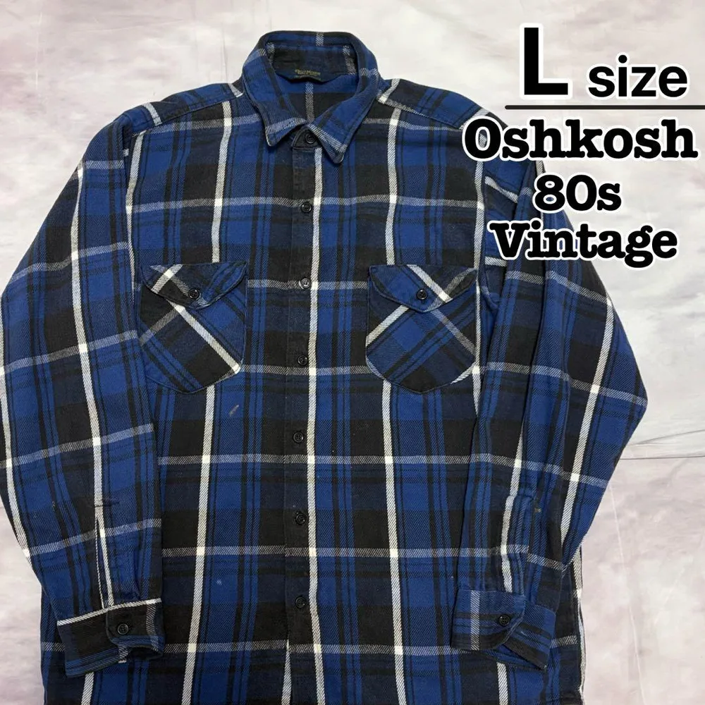 80s OshKosh ヘビーネルシャツ L ブルー 青 チェック柄 USA古着