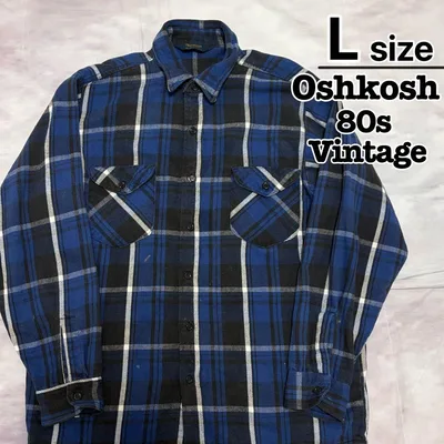 80s OshKosh ヘビーネルシャツ L ブルー 青 チェック柄 USA古着