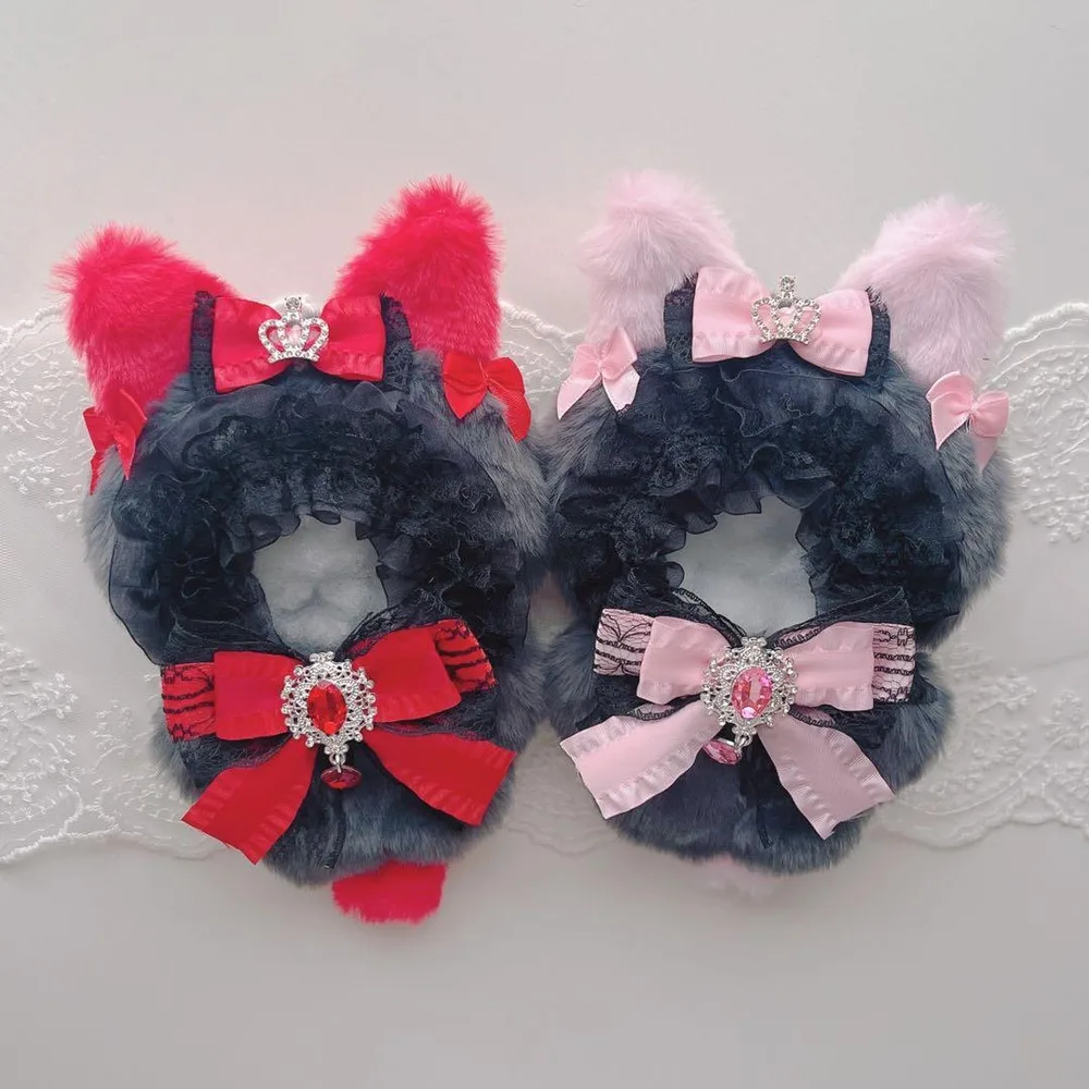c.18 ぬい服 12cm ちびぐるみ 着ぐるみ 赤 ピンク 黒メイドねこセット