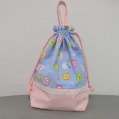 ハンドメイド コップ袋 給食袋 巾着 シマエナガ 水色