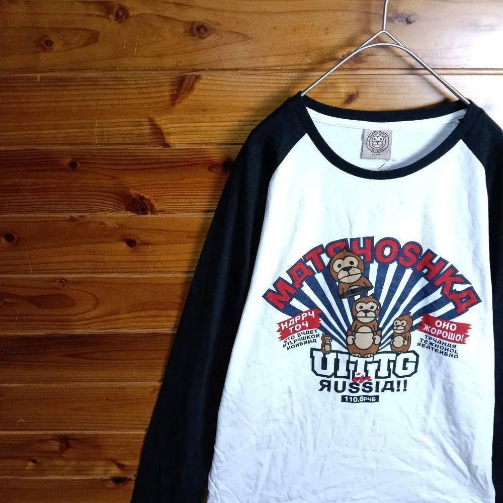 長袖カットソー 長袖Tシャツ ロンT ラグラン袖 サル タグ付き L 白 黒