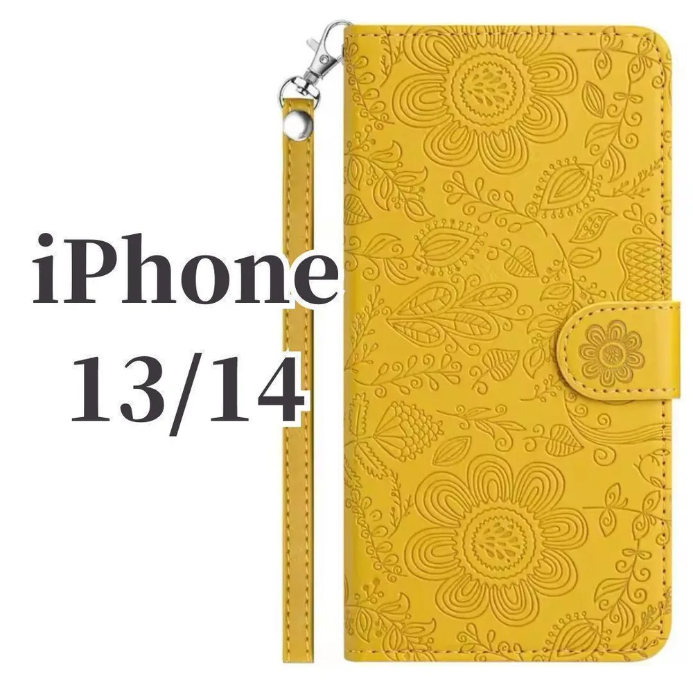 iPhone 13/14用花柄手帳型ケース 可愛い黄色イエロー推しカード入れ