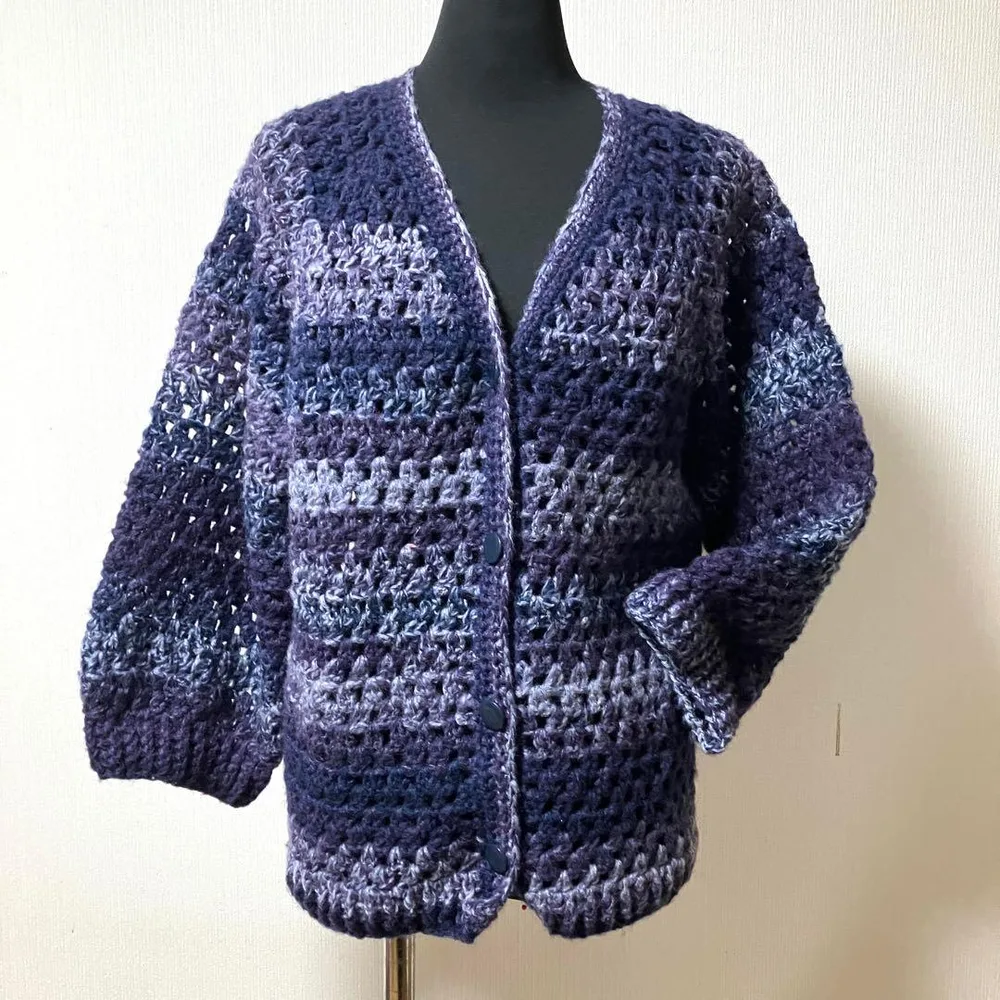 手作りハンドメイド 純毛モヘア 手編みかぎ針編み レディスカーディガン M~L
