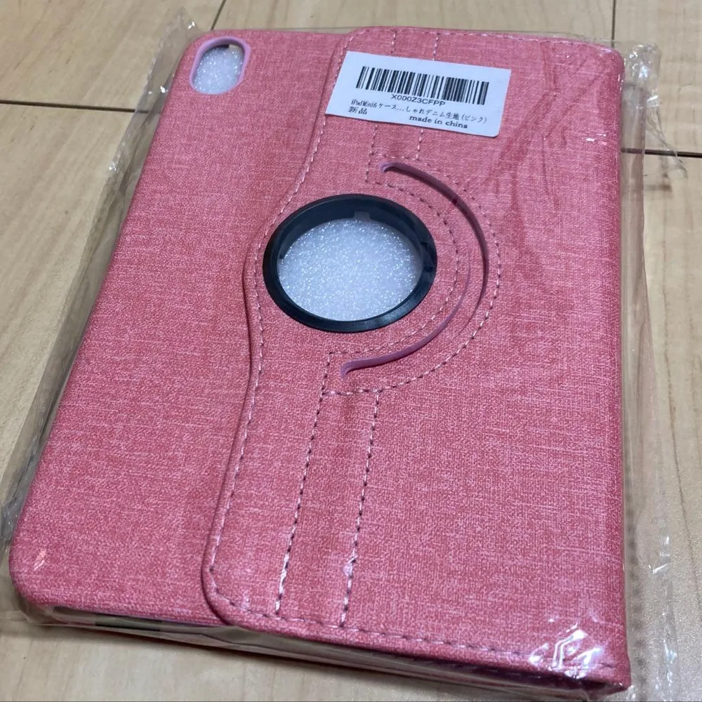 iPadmini6 手帳型ケース デニム生地 ピンク