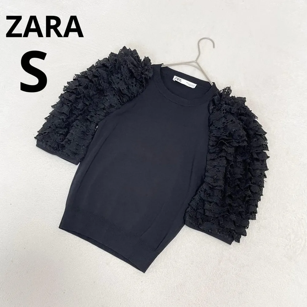 ZARA ザラ 異素材 レース ティアード 五分袖 ニット ブラック S