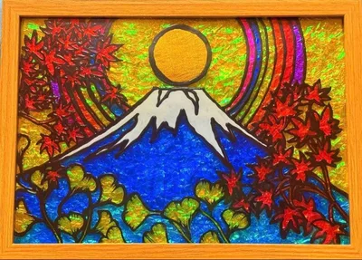 秋の訪れ日本の誇りステンドグラスガラス絵の具金運開運アート沖縄イラスト犬猫花龍神