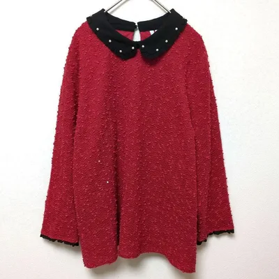 ELLE【XL】襟付き 長袖 トップス レッド ビジュー 装飾 赤 華やか