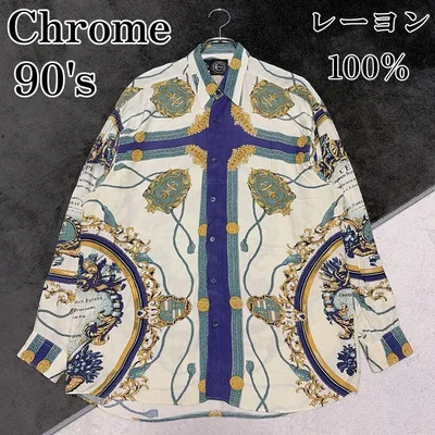 90s Chrome 総柄 長袖シャツ M レーヨン スカーフ柄 メダリオン