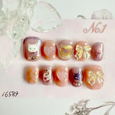 No.1【16589】ネイルチップ 猫 リボン ピンク系 ラウンドショート