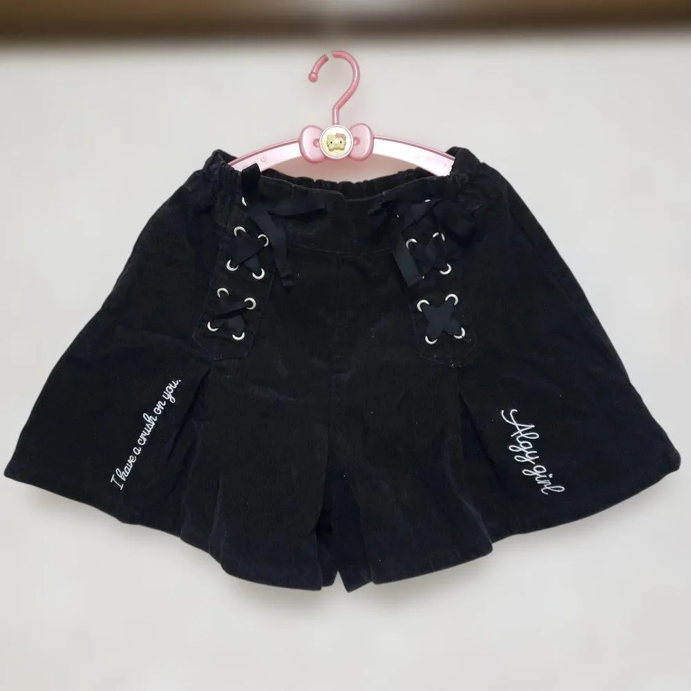 ALGY GIRL コーデュロイ ショートパンツ ブラック レースアップ 刺繍