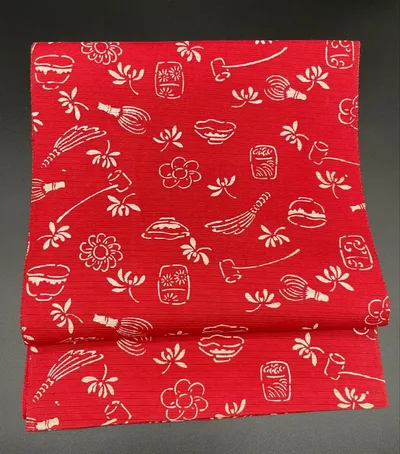 名古屋帯 洒落帯 高級 ♢ 正絹 草木染 型染 茶道具 夏の古渡更紗帯 R421