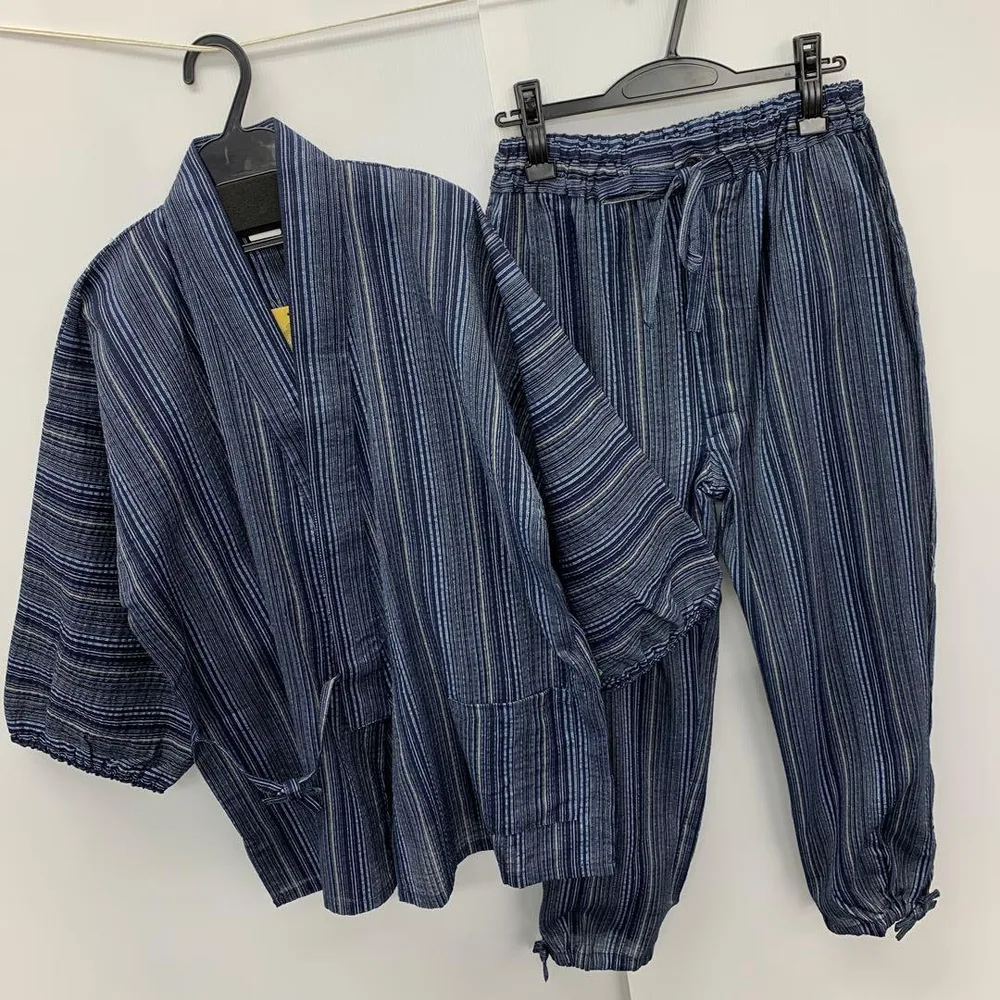 新品★メンズ★Lサイズ★縞柄 しじら 作務衣 さむえ 上下セット 4701紺色