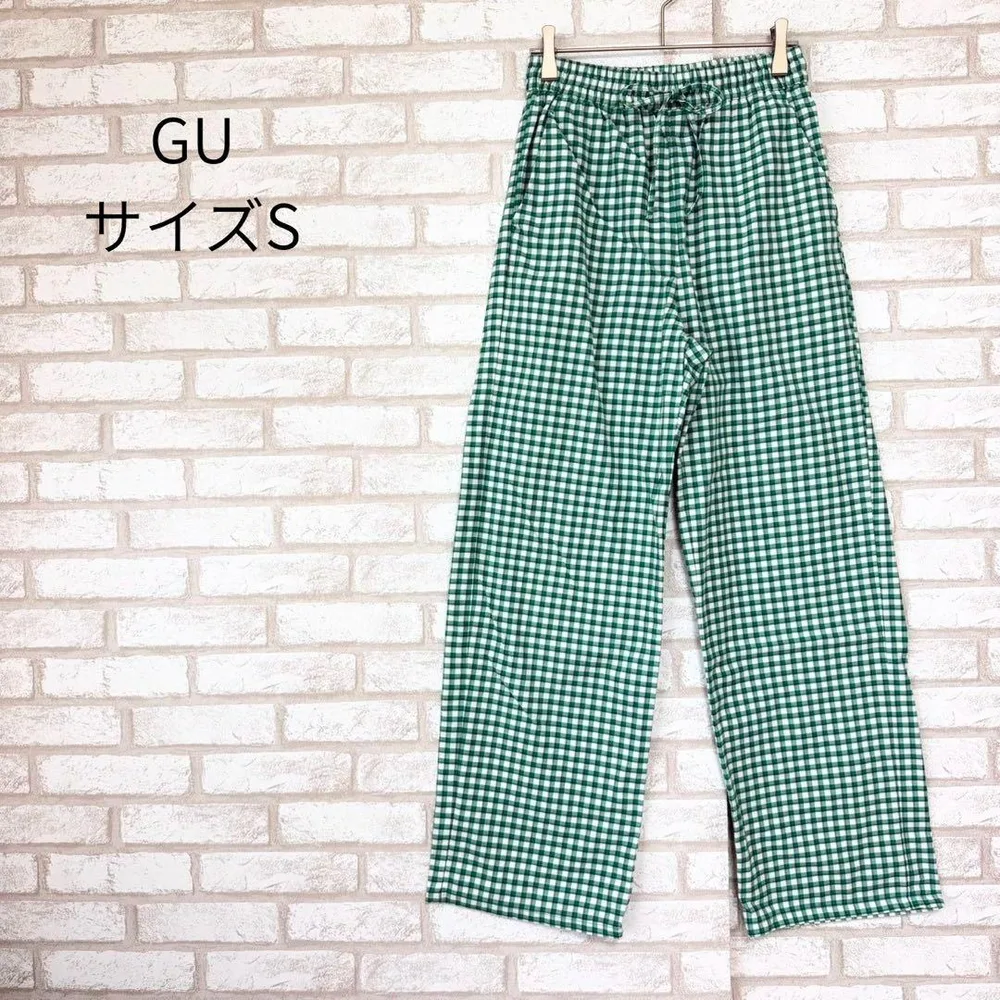 GU ジーユー チェックイージーセミワイドパンツ 緑 グリーン S ウエストゴム