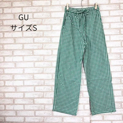 GU ジーユー チェックイージーセミワイドパンツ 緑 グリーン S ウエストゴム