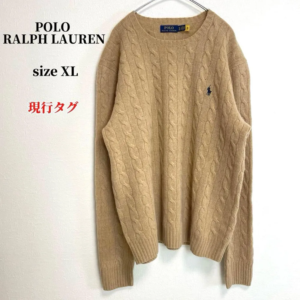 ポロラルフローレン カシミヤ混 ケーブルニット キャメル XL 刺繍ロゴ QR