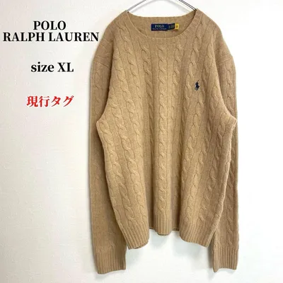 ポロラルフローレン カシミヤ混 ケーブルニット キャメル XL 刺繍ロゴ QR