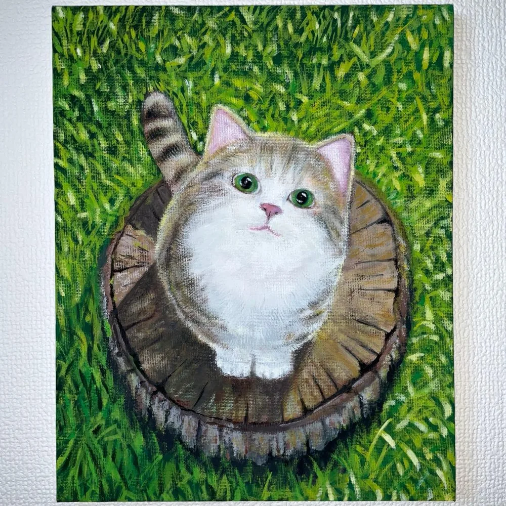 猫 草原 アクリル画 原画