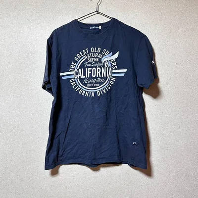 ハンテン メンズTシャツ Lサイズ ブルー 綿100% 両面プリント バックロゴ