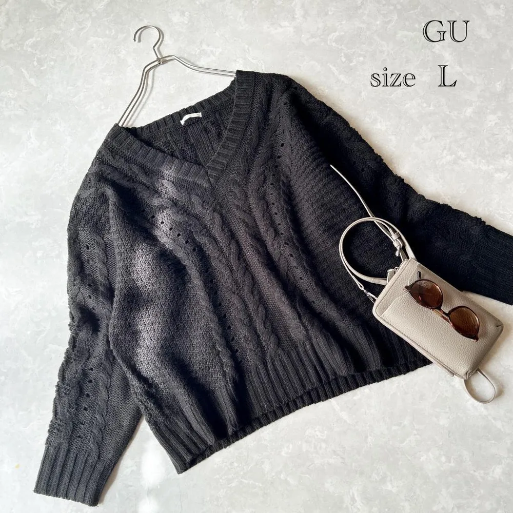 【ジーユー GU】長袖 Vネック ニット セーター ケーブル 透かし編み XL