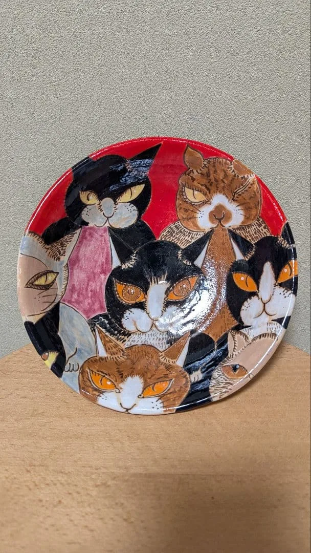 【1ヶ月限定・極美品】猫大集合 陶器プレート 中皿 18cm 作家アート