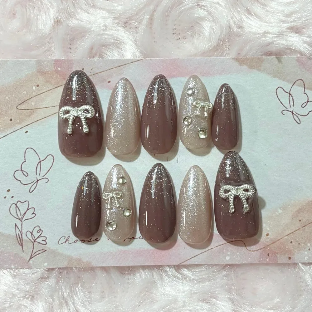 【現品】ネイルチップ ブラウン ベージュ リボン シンプル