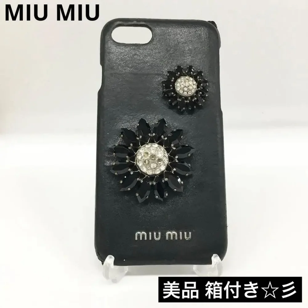 美品 ミュウミュウ iPhoneケース ビジュー フラワー ブラック 箱付き