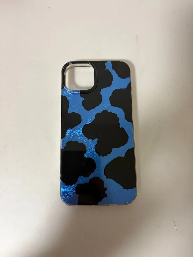 iPhone14スマホケース カバー カウ柄 ブルー×ブラック