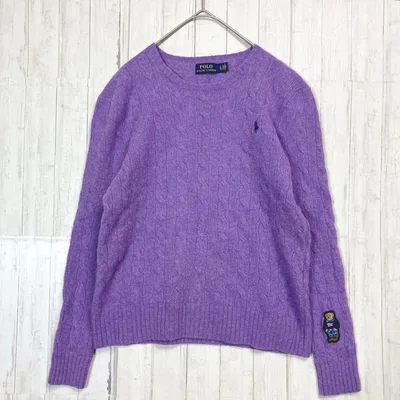 【美品】ポロラルフローレン ケーブルニット カシミヤ混 パープル ポロベア